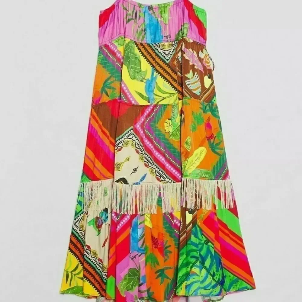 NWT ANTHROPOLOGIE FARM RIO SzM PALILA SPAGUETTI STRAPS FRINGED MIDI DRESS